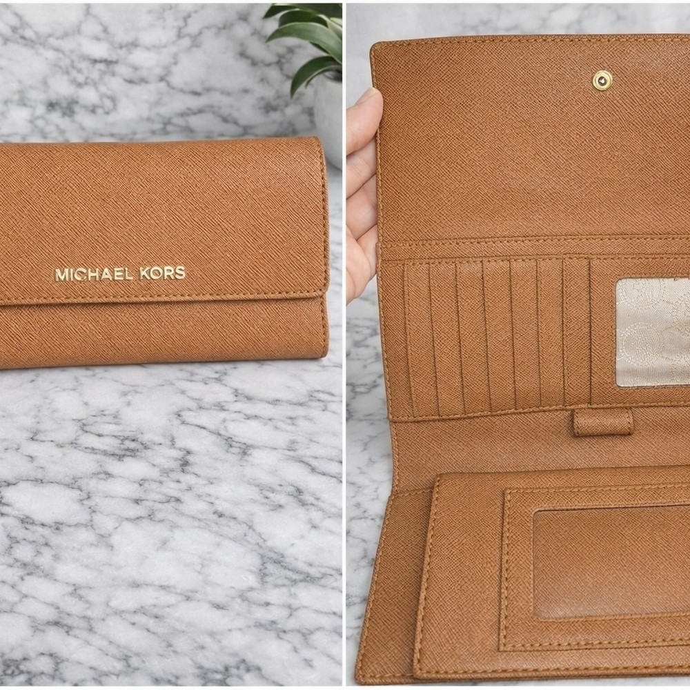 Michael Kors Cognac Saffiano Leather Tri-Fold Wallet
